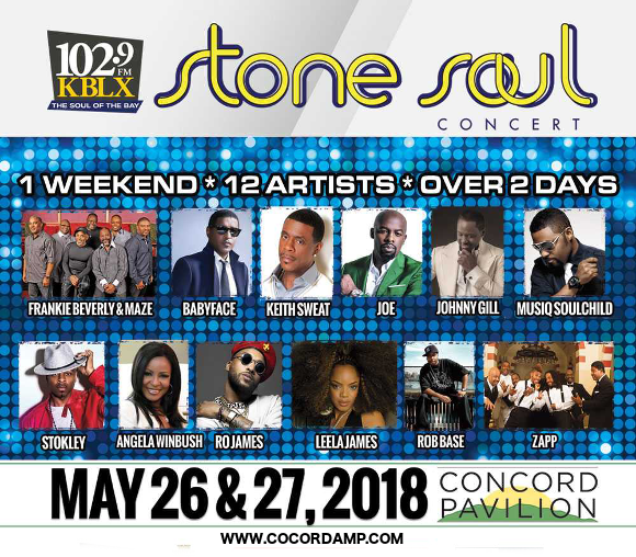 KBLX Stone Soul Concert: Maze, Frankie Beverly, Keith Sweat, Johnny Gill, Angela Winbush, Zapp & Rob Base at Concord Pavilion